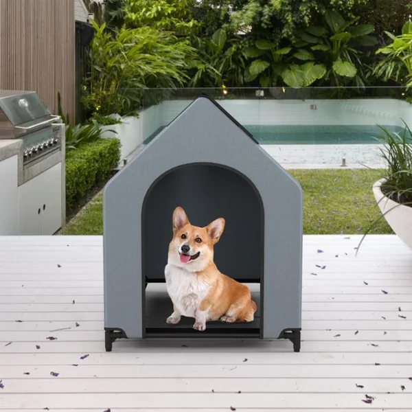 Niche Surélevée de 91 cm pour Petits Chiens Fenêtre Ventilée Housse Amovible Intérieur Extérieur Lit pour Animaux de Compagnie Gris