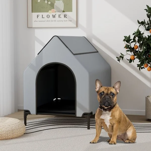 Niche Surélevée de 91 cm pour Petits Chiens Fenêtre Ventilée Housse Amovible Intérieur Extérieur Lit pour Animaux de Compagnie Gris
