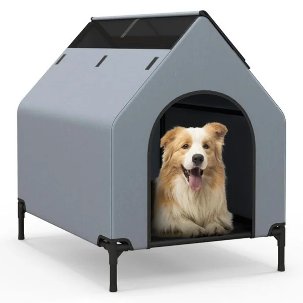 Niche Surélevée de 91 cm pour Petits Chiens Fenêtre Ventilée Housse Amovible Intérieur Extérieur Lit pour Animaux de Compagnie Gris