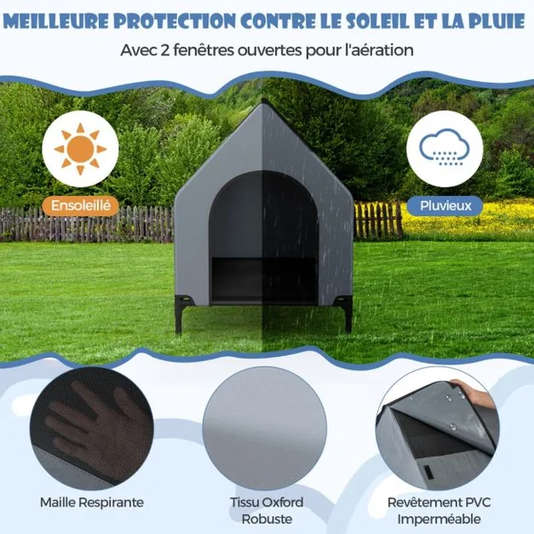 Niche Surélevée de 91 cm pour Petits Chiens Fenêtre Ventilée Housse Amovible Intérieur Extérieur Lit pour Animaux de Compagnie Gris