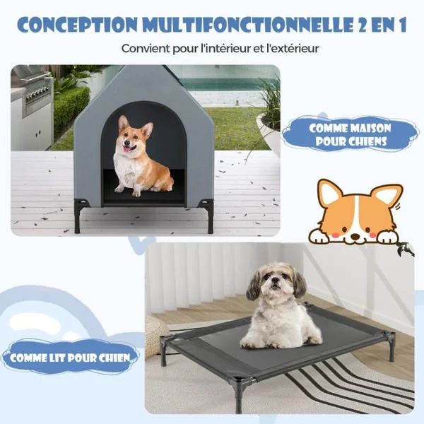 Niche Surélevée de 91 cm pour Petits Chiens Fenêtre Ventilée Housse Amovible Intérieur Extérieur Lit pour Animaux de Compagnie Gris