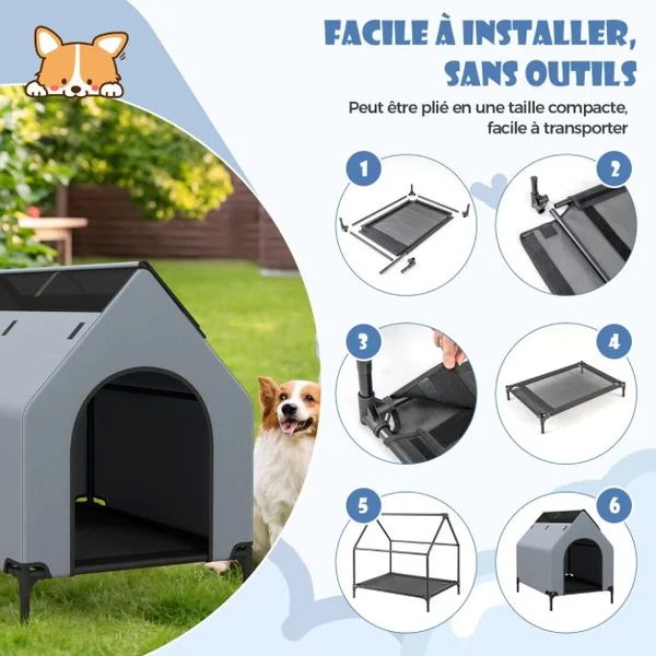 Niche Surélevée de 91 cm pour Petits Chiens Fenêtre Ventilée Housse Amovible Intérieur Extérieur Lit pour Animaux de Compagnie Gris