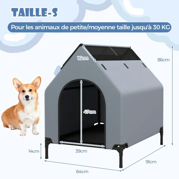 Niche Surélevée de 91 cm pour Petits Chiens Fenêtre Ventilée Housse Amovible Intérieur Extérieur Lit pour Animaux de Compagnie Gris