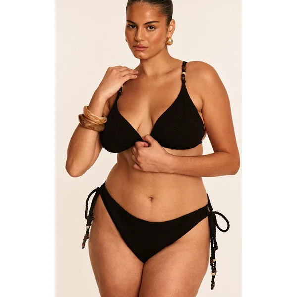 Noir Bas De Bikini Grande Taille À Liens Latéraux Avec Perles Texturées