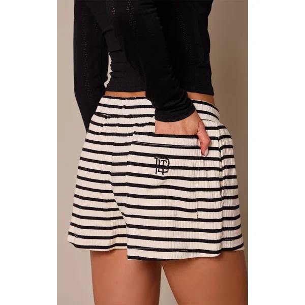 Noir & Blanc Short En Jersey Rayé Avec Logo Brodé Plt