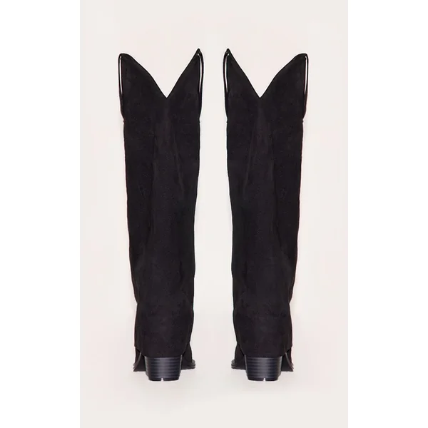 Noir Bottes Western Hautes Au-dessus Du Genou À Talon Bloc En Daim Bout Carré Avec Revers