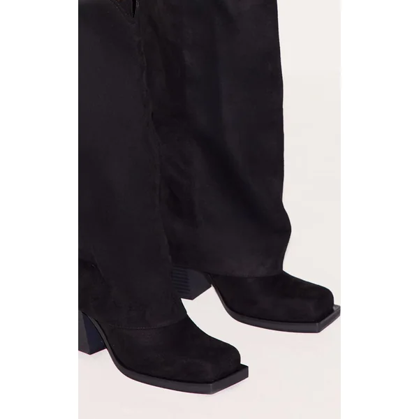 Noir Bottes Western Hautes Au-dessus Du Genou À Talon Bloc En Daim Bout Carré Avec Revers