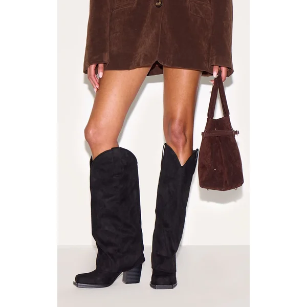 Noir Bottes Western Hautes Au-dessus Du Genou À Talon Bloc En Daim Bout Carré Avec Revers