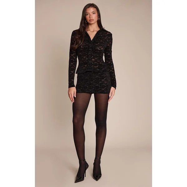 Noir Chemise Ajustée En Velours De Dentelle À Décolleté Plongeant
