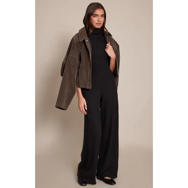 Noir Combinaison Pantalon Large Côtelée Avec Détail Foulard Froncé