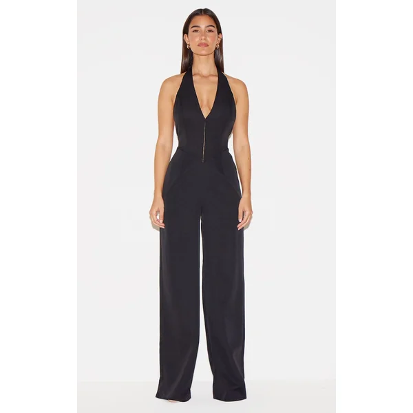 Noir Combinaison Pantalon Large Tissée À Col Licou Avec Détails Crochets Et Œillets