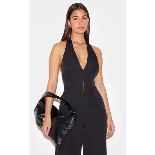 Noir Combinaison Pantalon Large Tissée À Col Licou Avec Détails Crochets Et Œillets