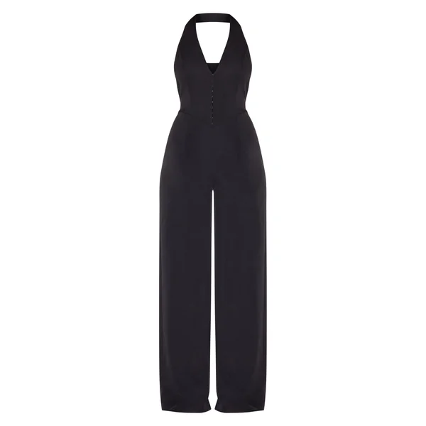 Noir Combinaison Pantalon Large Tissée À Col Licou Avec Détails Crochets Et Œillets