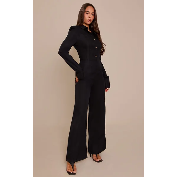 Noir Combinaison-pantalon Tissée À Manches Longues Avec Détails De Boutons