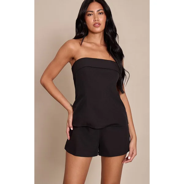 Noir Combinaison-short Longue Ajustée À Bandeau En Tissu Tissé
