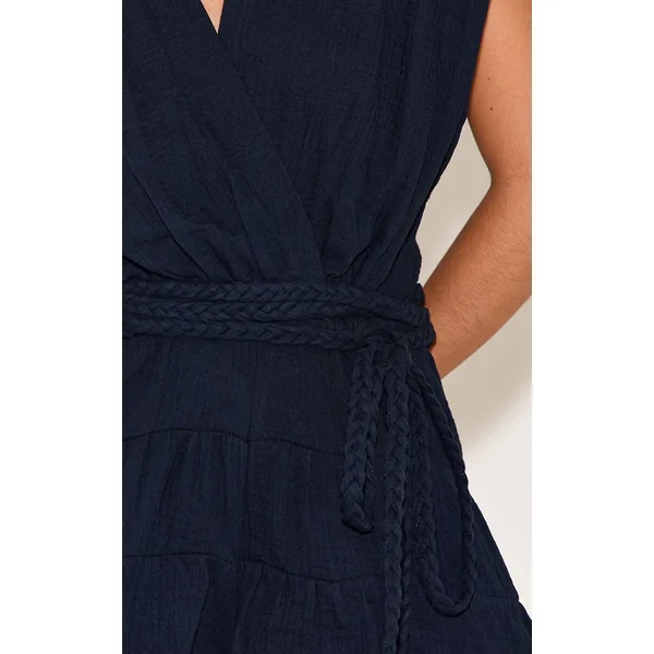 Noir Combinaison-short Texturée Col V Avec Ceinture À Nouer