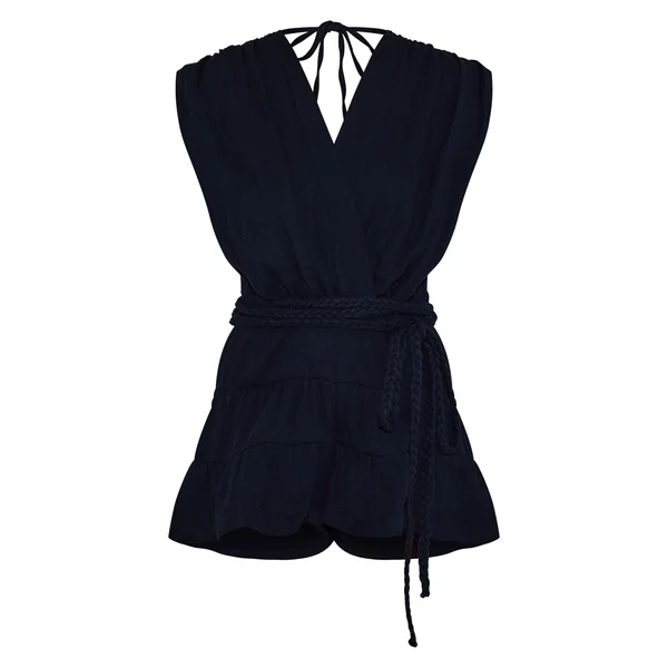 Noir Combinaison-short Texturée Col V Avec Ceinture À Nouer