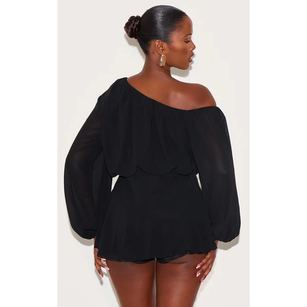 Noir Combi-short Jupe-culotte En Mousseline Vert Foncé À Une Épaule Avec Détail Flottant