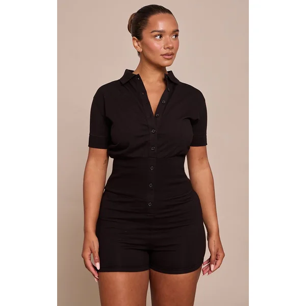 Noir Combi-short Shape À Col Polo Avec Boutonnage Devant Et Taille Cintrée