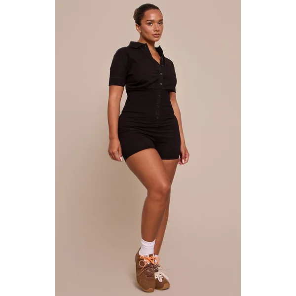 Noir Combi-short Shape À Col Polo Avec Boutonnage Devant Et Taille Cintrée