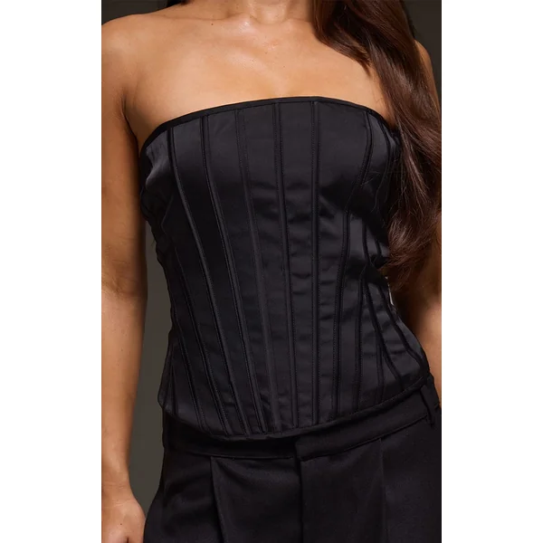 Noir Corset Bustier Satiné À Baleines