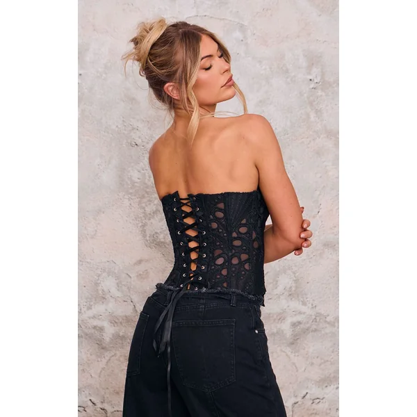 Noir Corset En Dentelle Florale Transparente Texturée