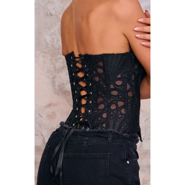 Noir Corset En Dentelle Florale Transparente Texturée