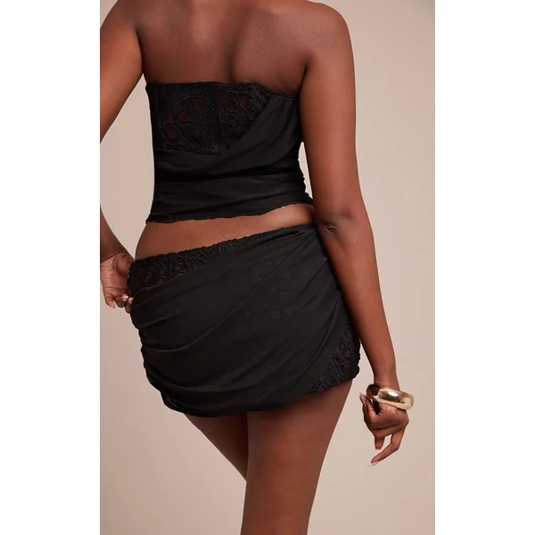 Noir Ensemble Jupe Courte À Détail Drapé En Dentelle Florale