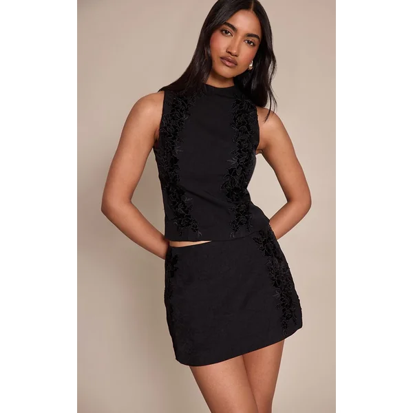 Noir Ensemble Mini-jupe En Velours Fleuri Tissé