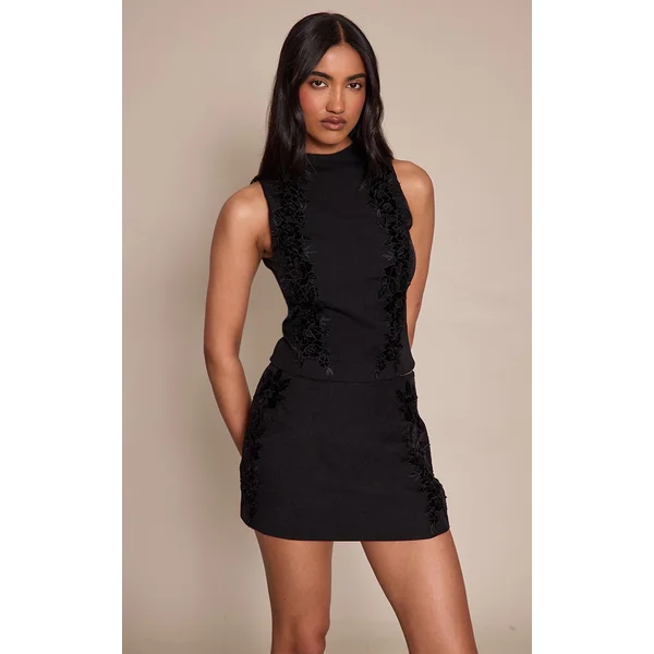 Noir Ensemble Mini-jupe En Velours Fleuri Tissé