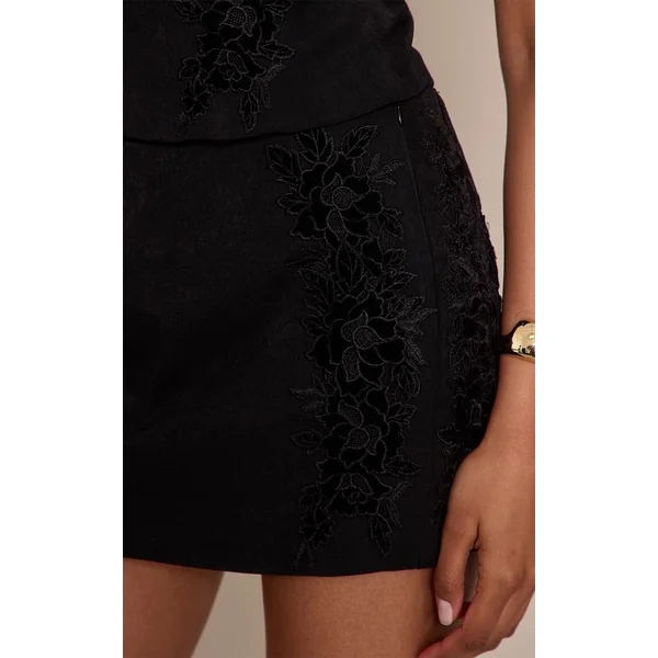 Noir Ensemble Mini-jupe En Velours Fleuri Tissé