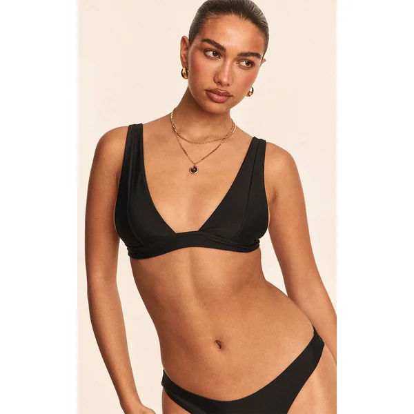 Noir Haut De Bikini Triangle Plongeant Aqua Avec Détails De Coutures