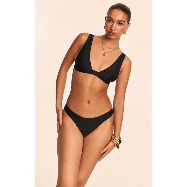 Noir Haut De Bikini Triangle Plongeant Aqua Avec Détails De Coutures