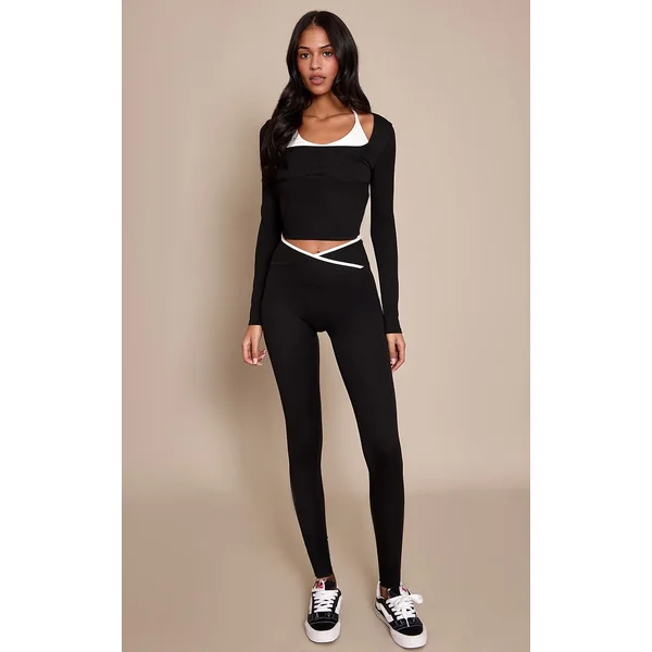 Noir Haut De Sport Tall À Manches Longues Double Couche Sculptant