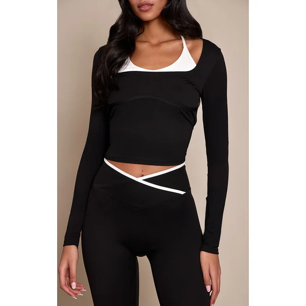 Noir Haut De Sport Tall À Manches Longues Double Couche Sculptant