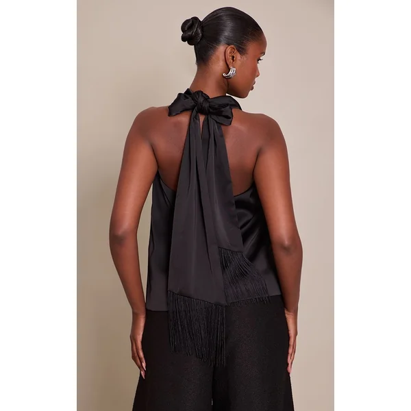 Noir Haut En Satin À Détails De Franges