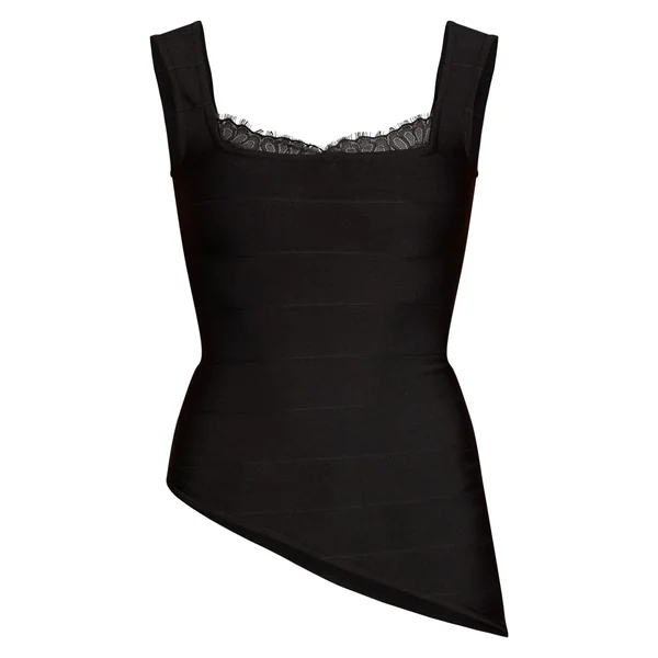 Noir Haut Long Asymétrique Bandage À Bordure En Dentelle