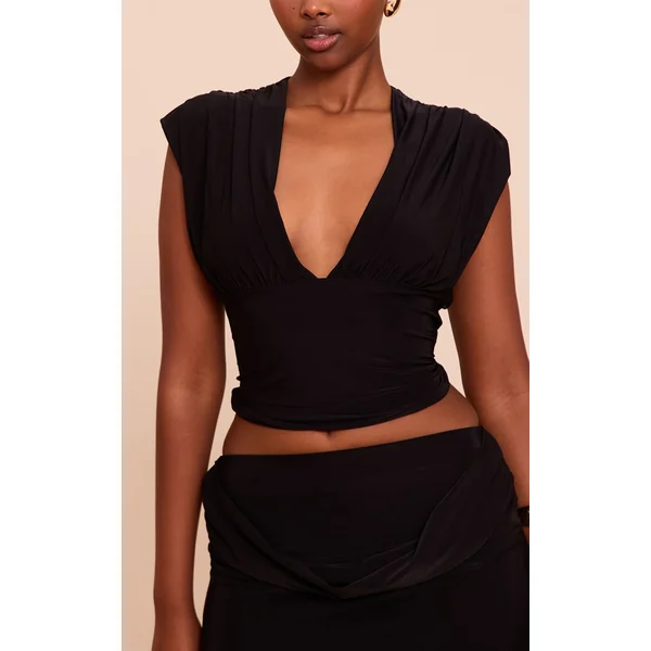Noir Haut Long Drapé Plongeant À Double Couche Slinky Doré