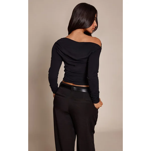 Noir Haut Petite En Coton Doux À Manches Longues Asymétrique Froncé