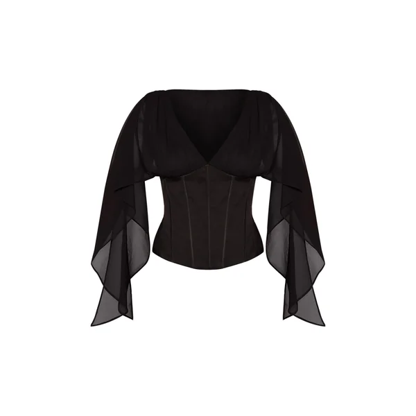 Noir Haut Petite En Mousseline À Manches Drapées Et Taille Corset