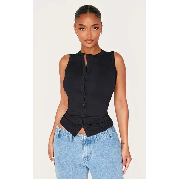Noir Haut Sans Manches Asymétrique À Boutonnage Devant Shape