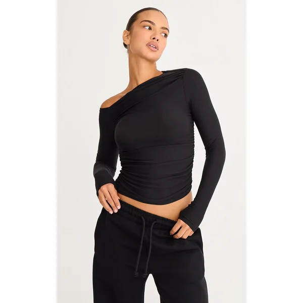 Noir Haut À Manches Longues Avec Détail Asymétrique Toucher Doux