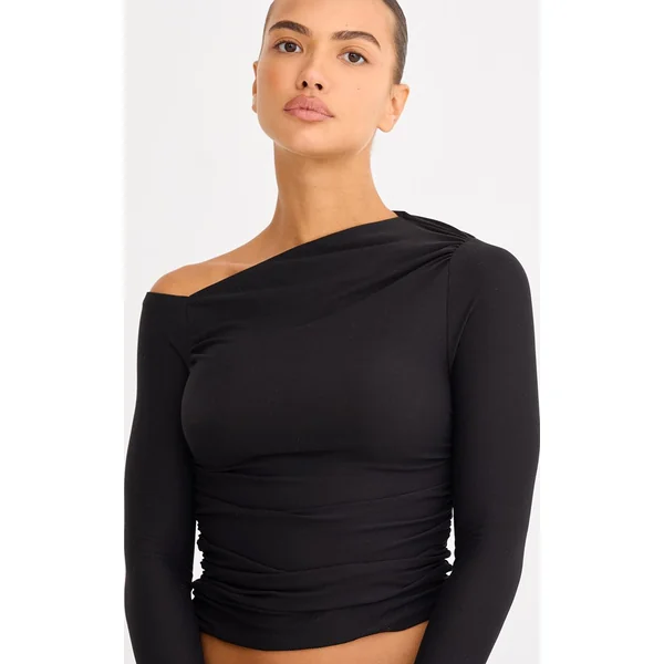 Noir Haut À Manches Longues Avec Détail Asymétrique Toucher Doux