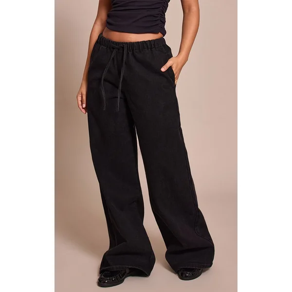 Noir Jean Large Taille Haute Élastiquée Avec Lien En Denim Petite