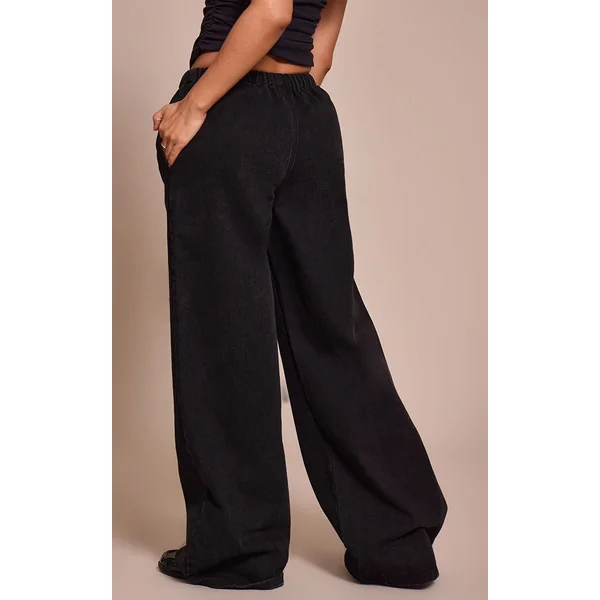 Noir Jean Large Taille Haute Élastiquée Avec Lien En Denim Petite