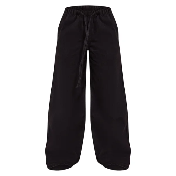 Noir Jean Large Taille Haute Élastiquée Avec Lien En Denim Petite