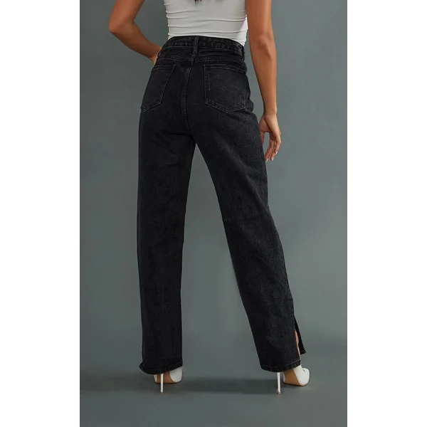 Noir Jean Petite Coupe Droite À Ourlet Fendu