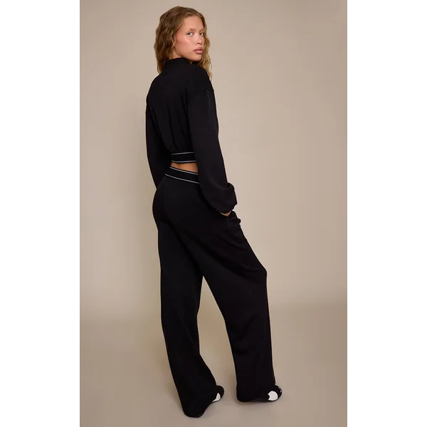 Noir Jogging Plt À Taille Élastiquée Et Jambes Larges Ultra Doux