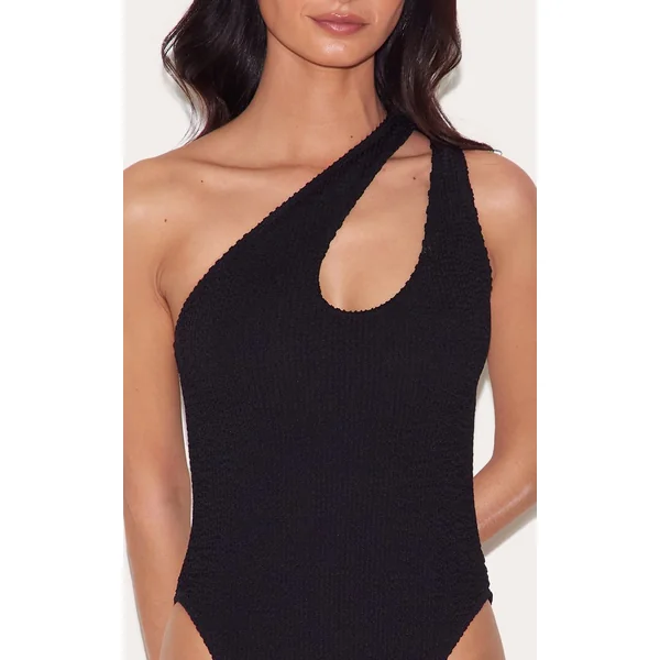Noir Maillot De Bain Une Épaule À Découpe Marron Chocolat Froissé