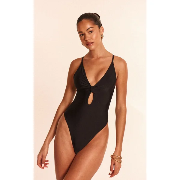 Noir Maillot De Bain Échancré Avec Nœud Devant